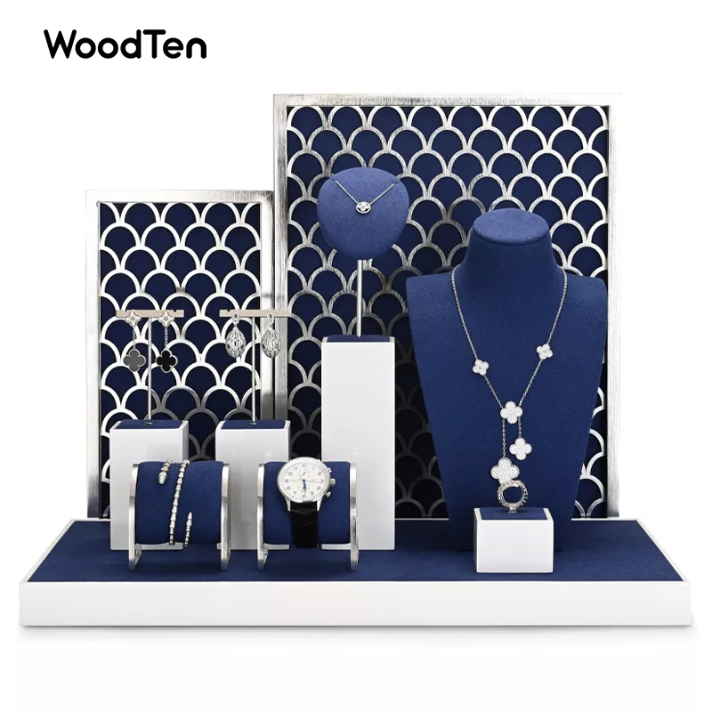 New Arrival luxury blue microfiber jewelry display holder set for ring necklace showcase exhibition