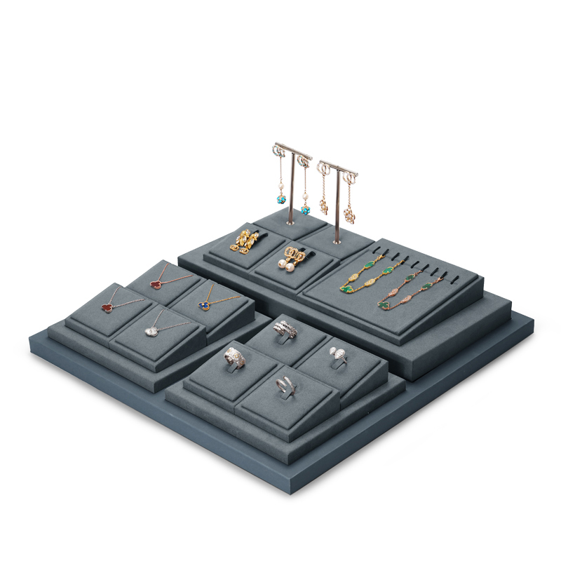 TT051 Luxury dark gray PU leahter jewelry display stand set with microfiber
