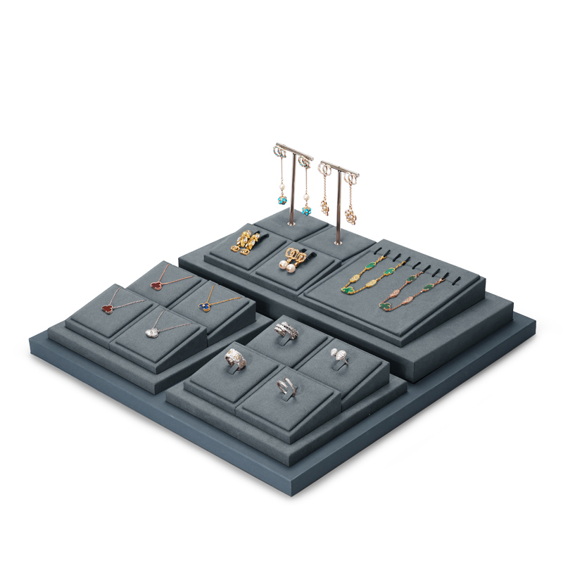 TT051 Luxury dark gray PU leahter jewelry display stand set with microfiber