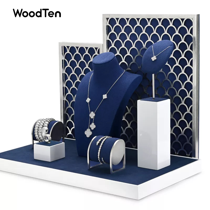 New Arrival luxury blue microfiber jewelry display holder set for ring necklace showcase exhibition