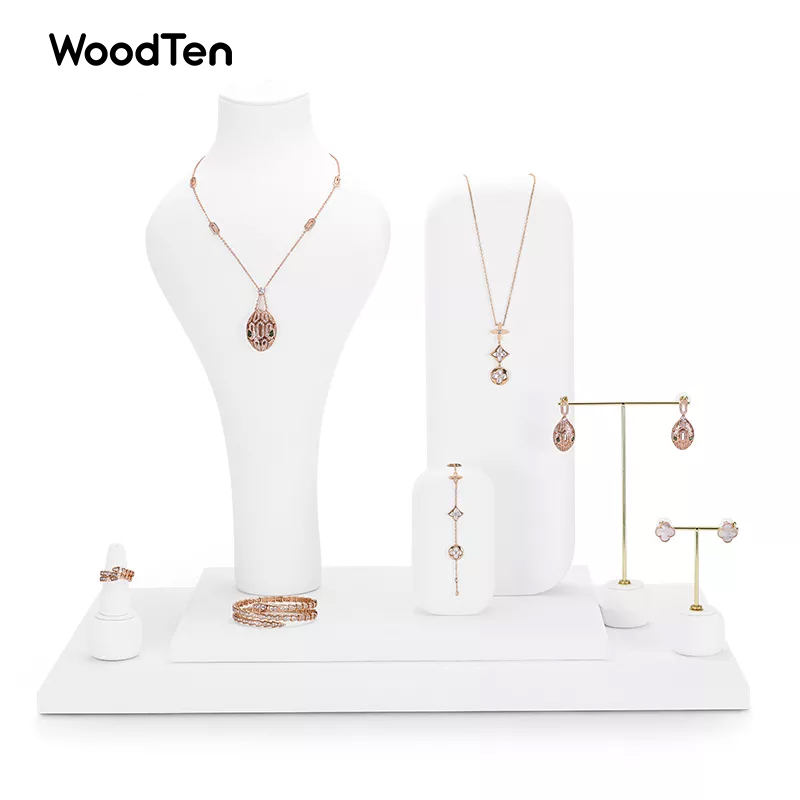 New Arrival Luxury white microfiber jewelry set for ring necklace earring jewelry display rack showcase