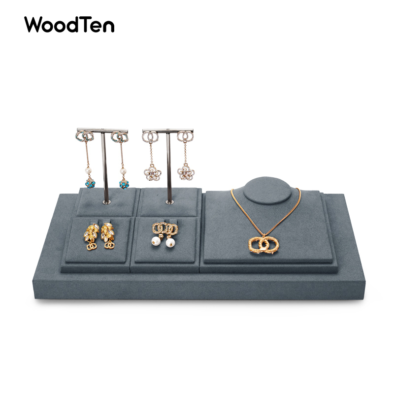 TT051 Luxury dark gray PU leahter jewelry display stand set with microfiber