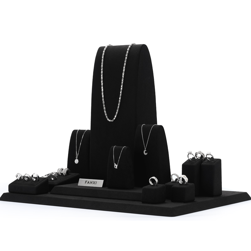 New Arrival Luxury Custom Black microfiber Jewelry Display Stand for ring necklace Jewelry Window shocase Display Set