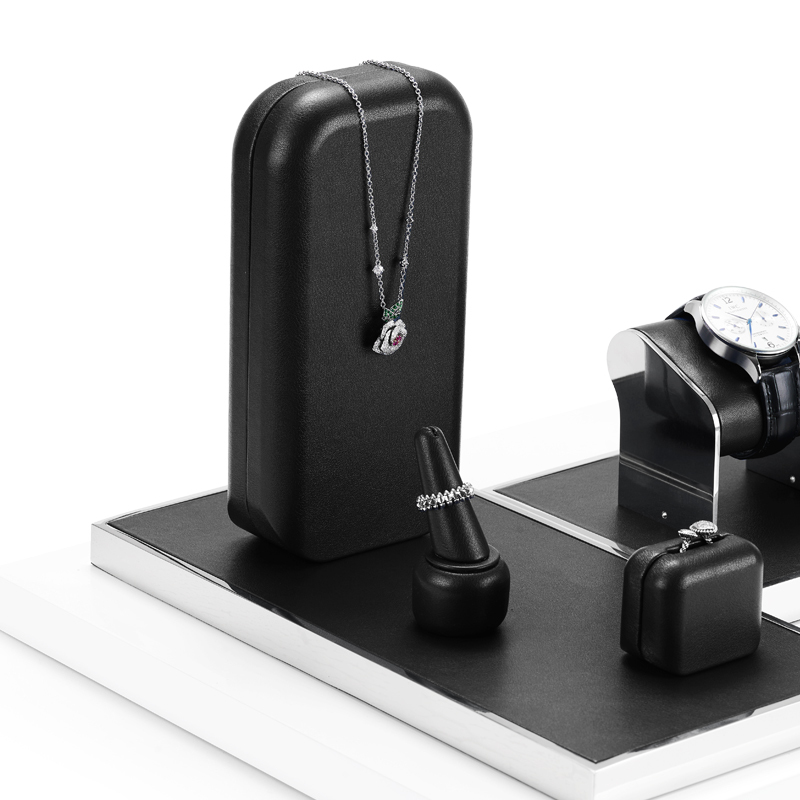 TT113 New Arrival Luxury Custom PU Leather Metal Jewelry Display Stand Black Jewelry Window Display Set