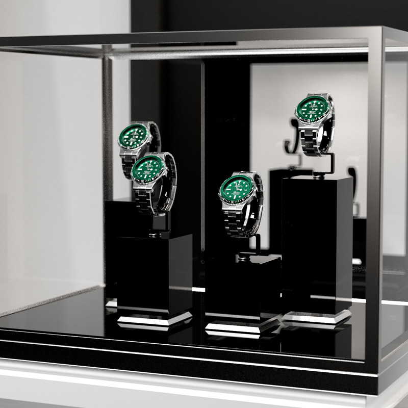 Custom Watch Display Stand Black MDF painting silver Metal Jewelry Window Display Set