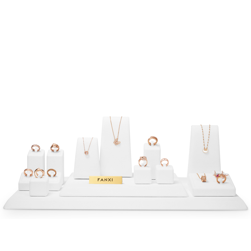 New Arrival High end White microfiber Jewelry Display Stand for ring necklace Jewelry Display Set With custom logo