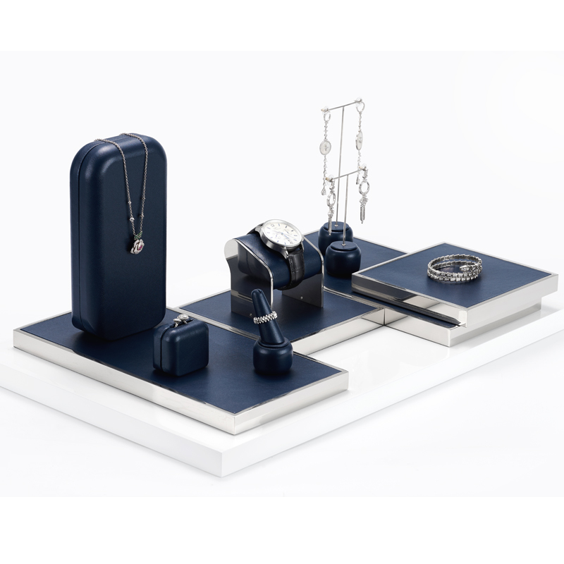 TT116 new customized blue leather silver metal jewelry display for showcase ring earrings bracelet necklace jewelry display set