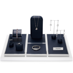TT116 new customized blue leather silver metal jewelry display for showcase ring earrings bracelet necklace jewelry display set