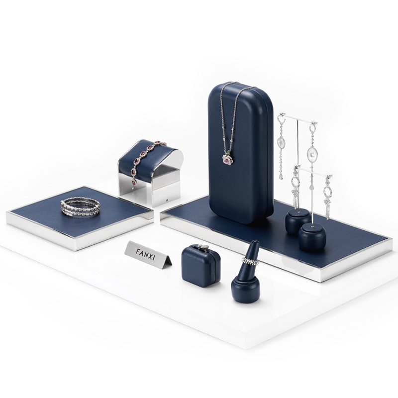 TT116 new customized blue leather silver metal jewelry display for showcase ring earrings bracelet necklace jewelry display set