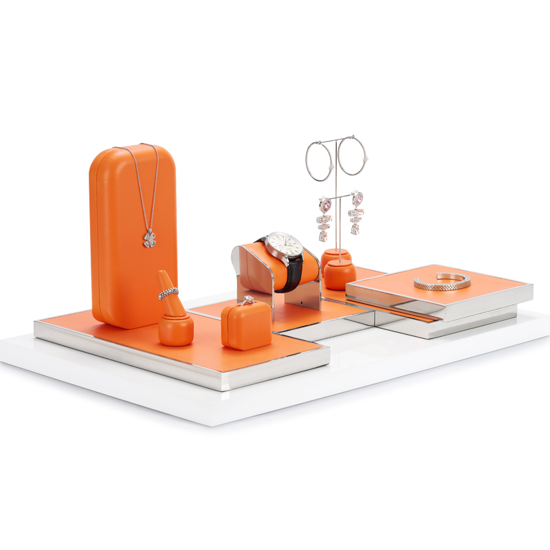 Luxury Custom Orange PU leather Jewelry Display Stand for ring necklace Jewelry Window showcase Display Set