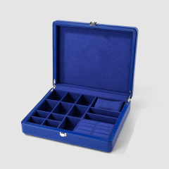 Customized blue microfiber PU leather jewelry storage box with grid accessories high-end exquisite watch earrings ring jewelry box