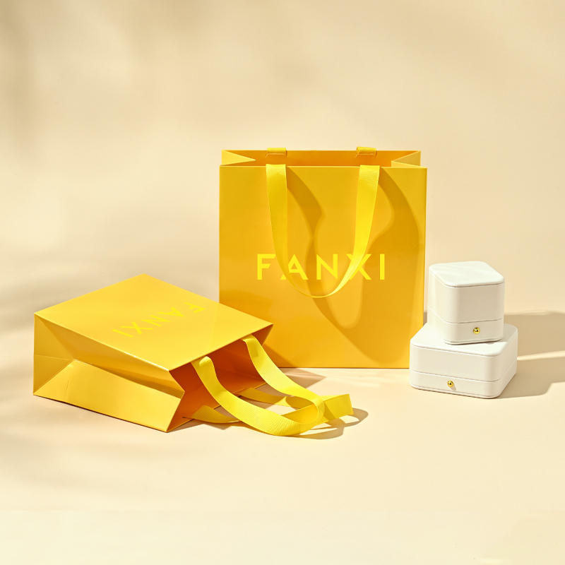 D071 Yellow Paper Bags with Logo Custom Printed Jewelry Gift Shopping Bags with Handle
