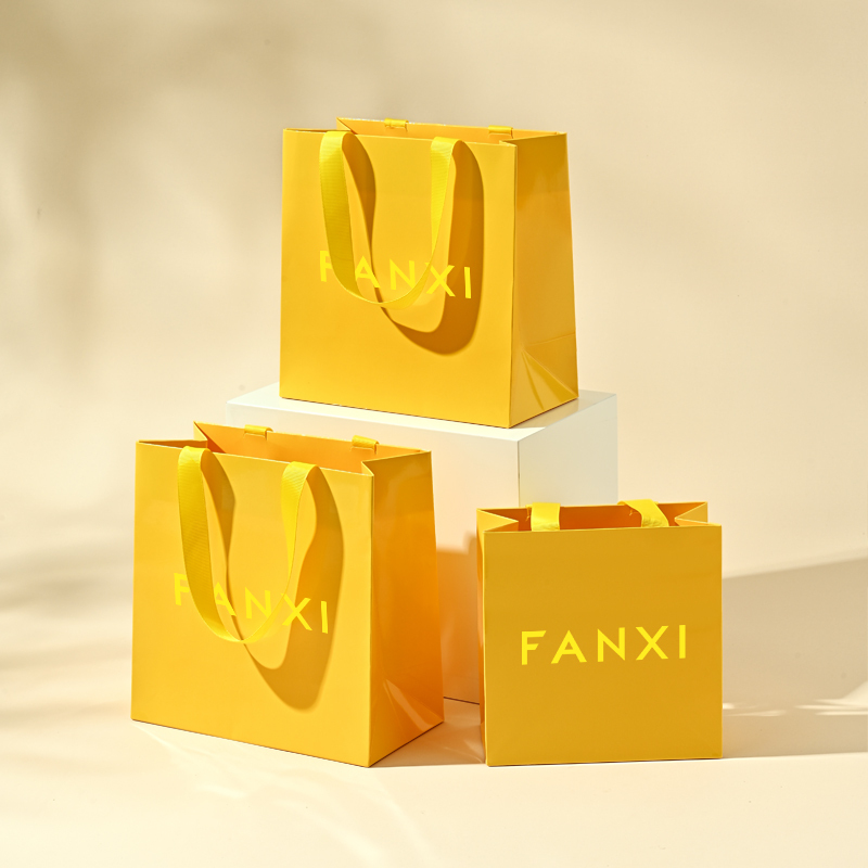 D071 Yellow Paper Bags with Logo Custom Printed Jewelry Gift Shopping Bags with Handle