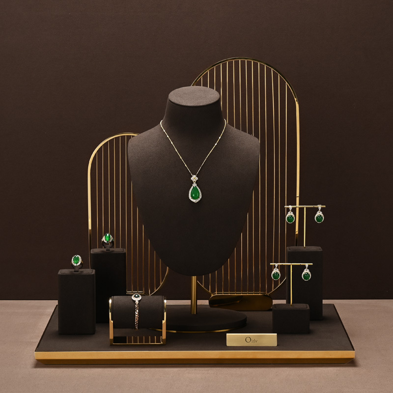 TT104 High End Jewelry Metal Display Stand Earrings Rings Necklaces Jadeite Jewelry Brown Microfiber Display Props