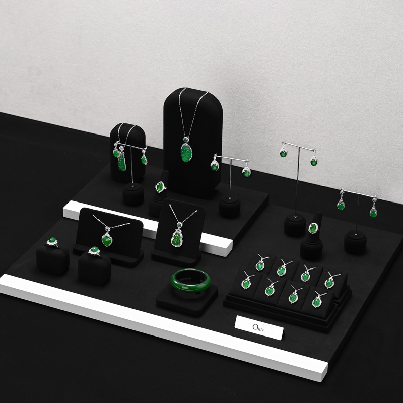 FANXI TT227 New Fashion Earring Ring Necklace Display Stand Black Microfiber MDF Metal Jewelry Display Set