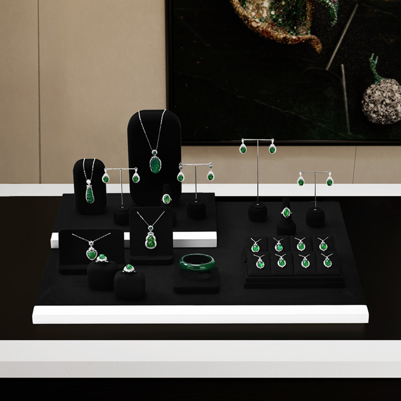 FANXI TT227 New Fashion Earring Ring Necklace Display Stand Black Microfiber MDF Metal Jewelry Display Set