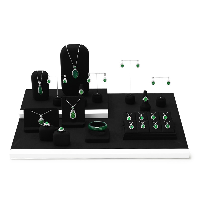 FANXI TT227 New Fashion Earring Ring Necklace Display Stand Black Microfiber MDF Metal Jewelry Display Set