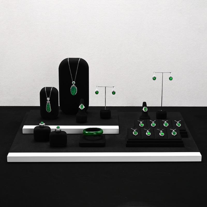 FANXI TT227 New Fashion Earring Ring Necklace Display Stand Black Microfiber MDF Metal Jewelry Display Set