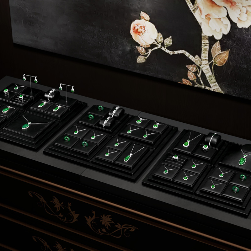 TT275 Luxury Leather Black Jewelry Display Stand Set Jewelry Display Showcase Earring Bracelet Display
