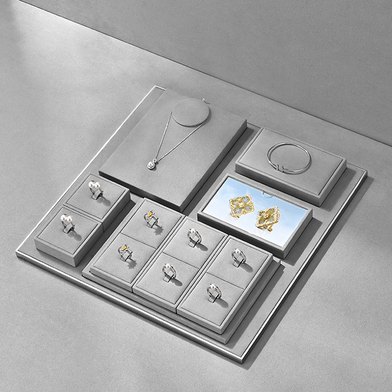 TT429 Gray Microfiber Fashion Modern Retail Store Bracelet Earring Ring Necklace Jewelry Display Tray