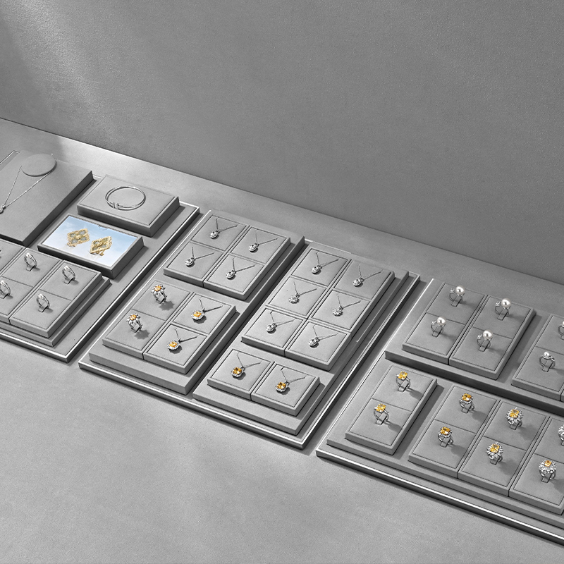 TT429 Gray Microfiber Fashion Modern Retail Store Bracelet Earring Ring Necklace Jewelry Display Tray