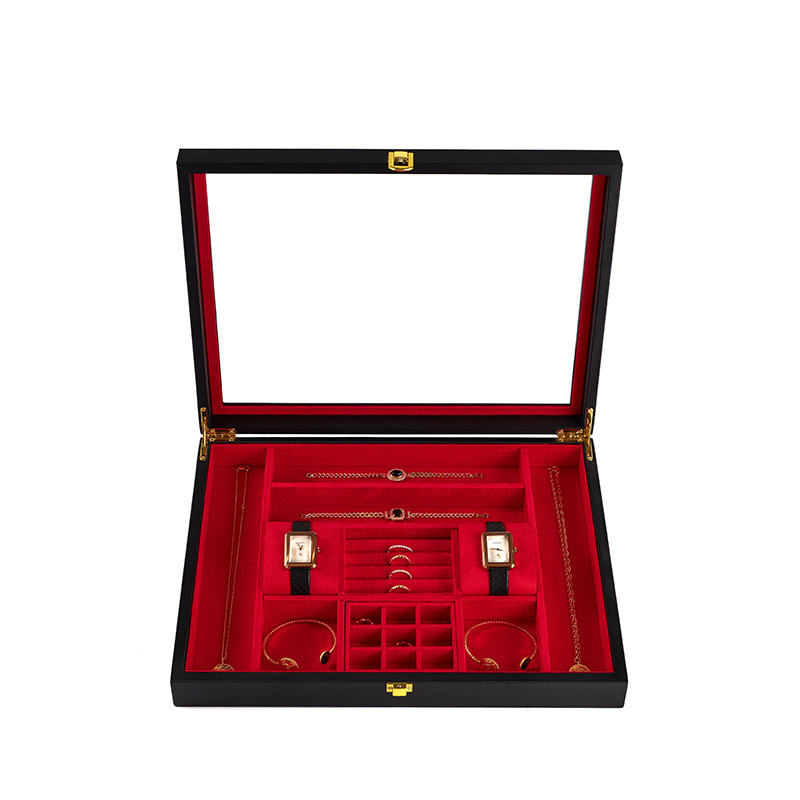 Custom Glass Microfiber Tray Display Ring Necklace Jewelry Storage Boxes Organizer Jewelry Box with Dust Proof Lid