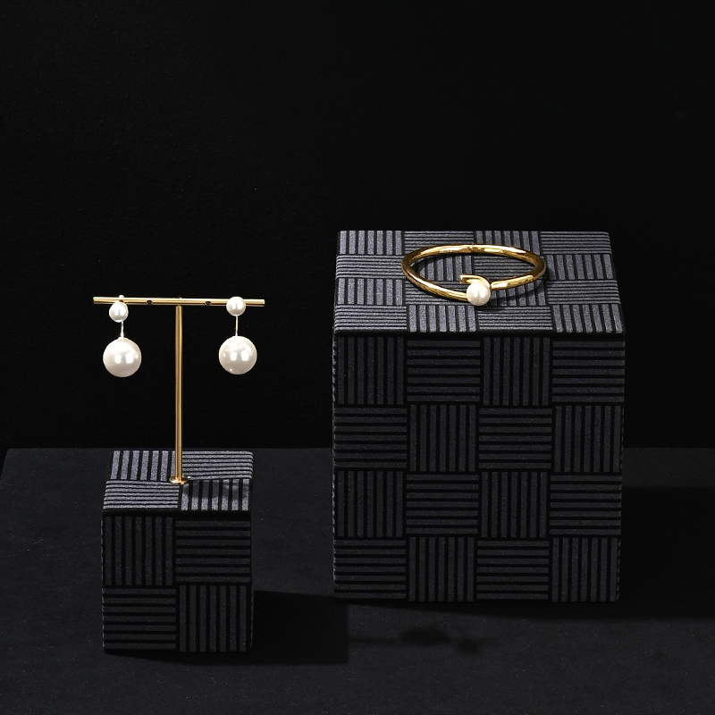 TT446 Black Jewelry Microfiber Gold T Shape Stand Piercing Earring Triangular Ring Organizer Holder
