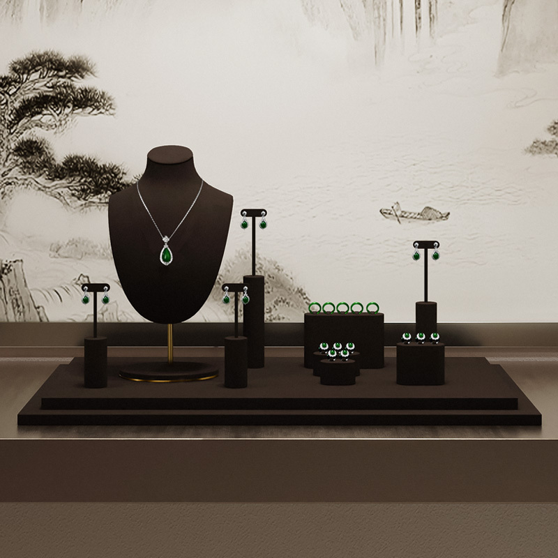 FANXI TT482 Custom Brown Jewellery Display Stand Holder Microfiber Luxury Jewelry Display Set