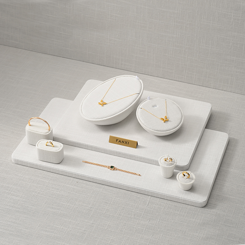 TT535 Wholesale Luxury White Linen Ring Necklace Jewelry Display Combination Set