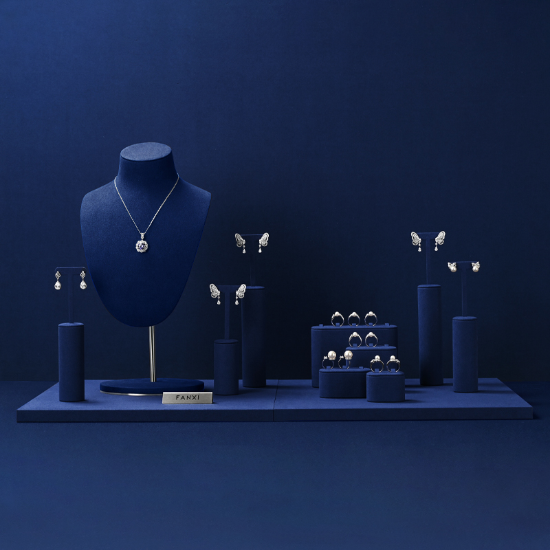 TT483 Blue Jewelry Display Mannequin Set Metal Microfiber Jewelry Display for Store Window