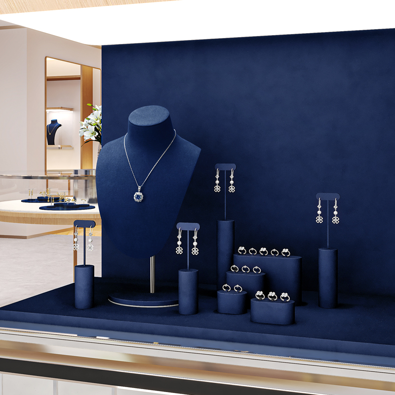 TT483 Blue Jewelry Display Mannequin Set Metal Microfiber Jewelry Display for Store Window