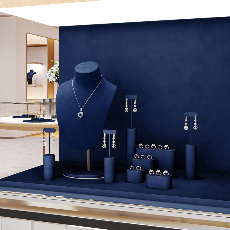 TT483 Blue Jewelry Display Mannequin Set Metal Microfiber Jewelry Display for Store Window
