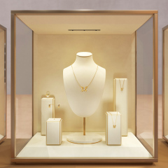 TT478 Custom Logo Beige Color Jewelry Showcase Props Metal Microfiber Jewelry Display for Store Window