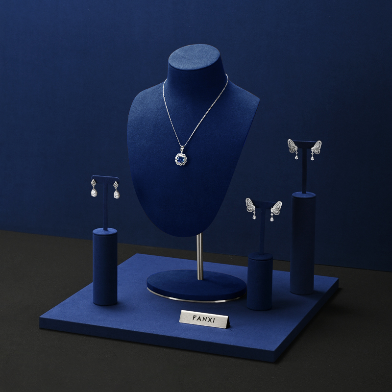 TT483 Blue Jewelry Display Mannequin Set Metal Microfiber Jewelry Display for Store Window