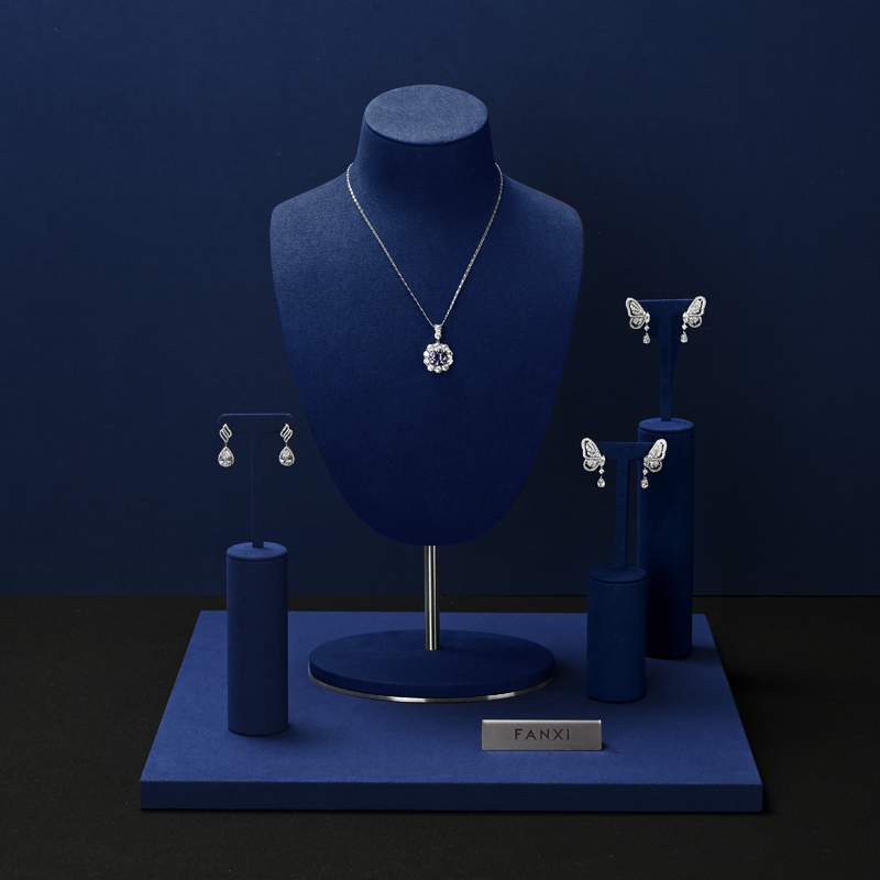 TT483 Blue Jewelry Display Mannequin Set Metal Microfiber Jewelry Display for Store Window
