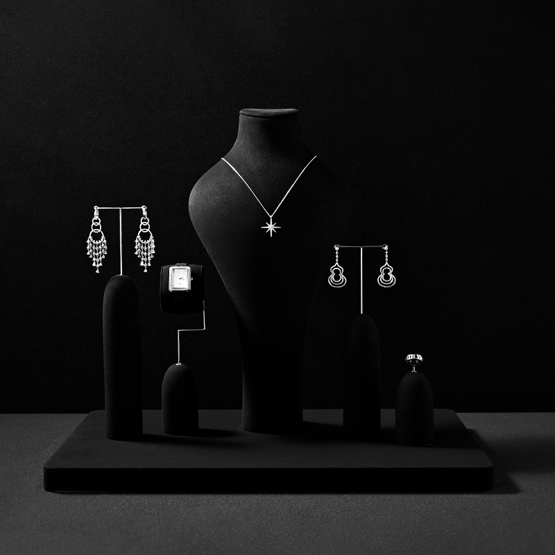 TT361 Black Microfiber Jewelry Display Set Luxury Piercing Earring Display Holder Necklace Jewelry Counter Display Props