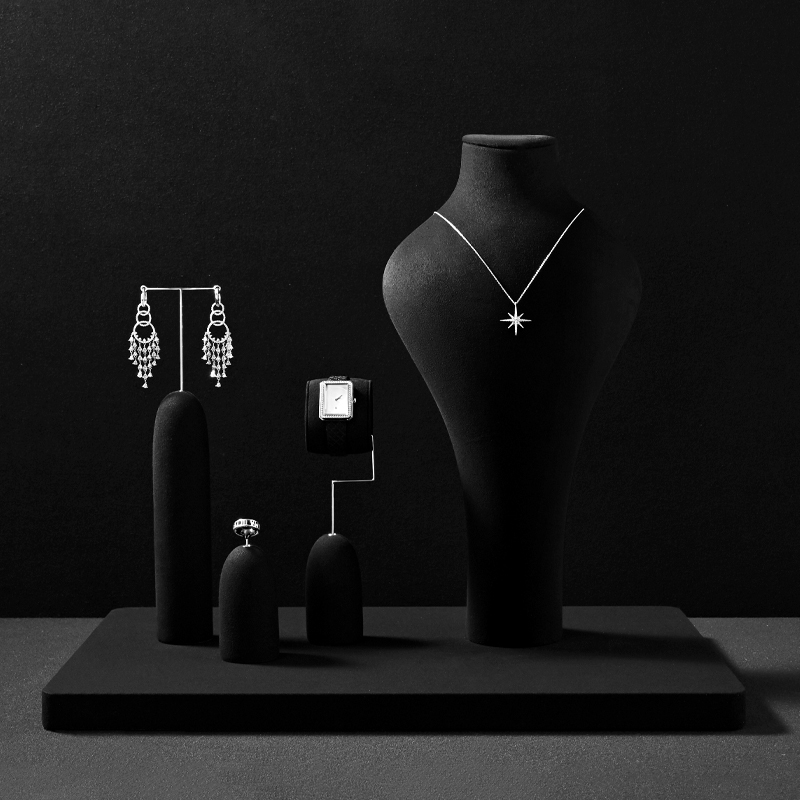 TT361 Black Microfiber Jewelry Display Set Luxury Piercing Earring Display Holder Necklace Jewelry Counter Display Props