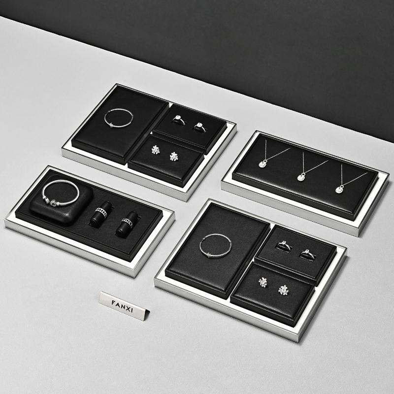 TT484 Wholesale Luxury Leather Jewellery Showcase Black Jewelry Counter Display Set