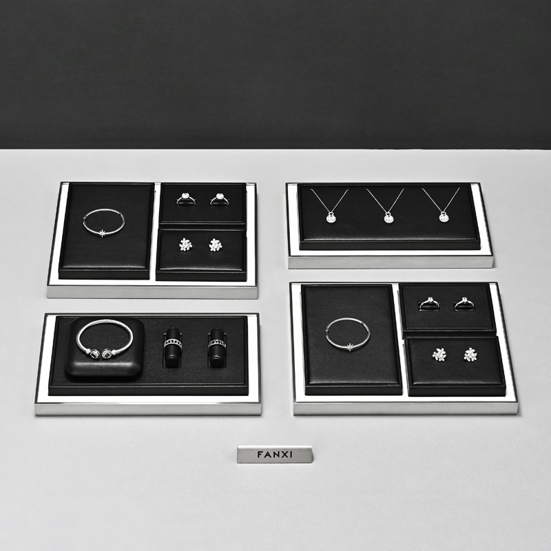 TT484 Wholesale Luxury Leather Jewellery Showcase Black Jewelry Counter Display Set