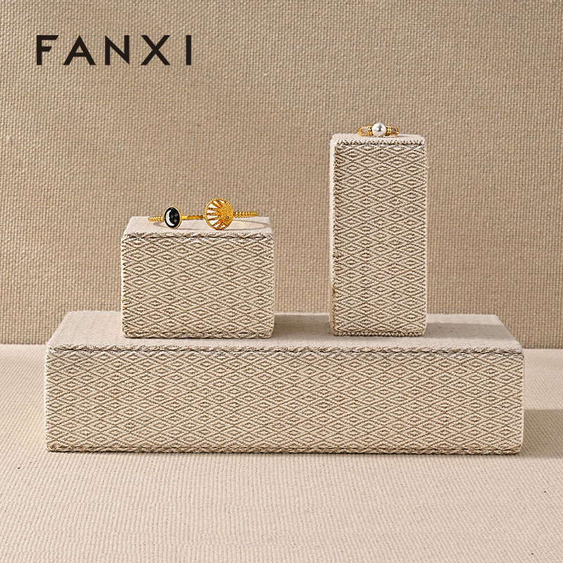 J001 Linen Original Rectangular column Necklace Ring Earrings Jewelry Display Stand Tray