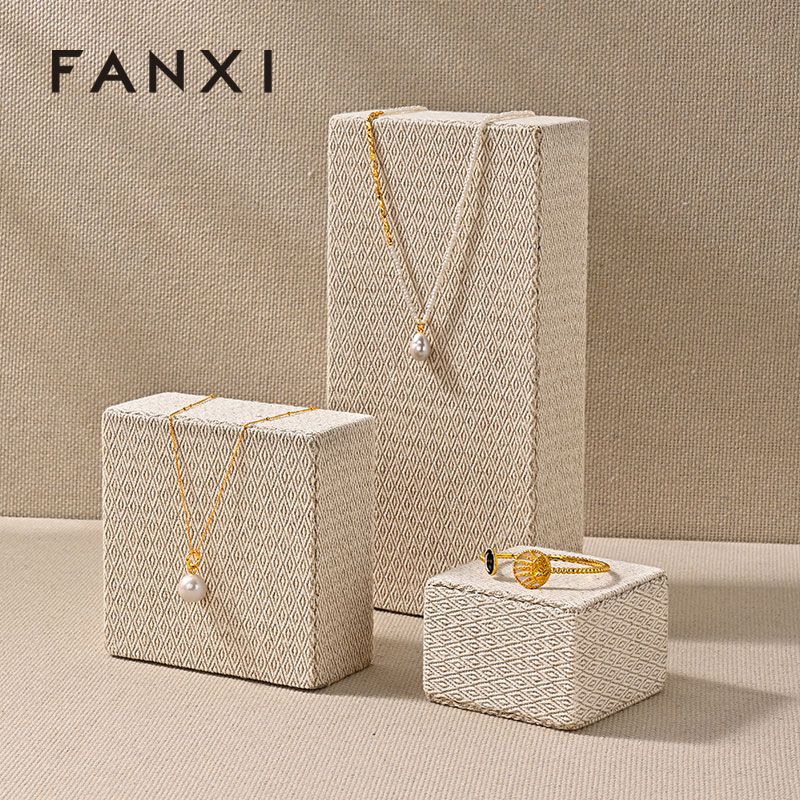 J001 Linen Original Rectangular column Necklace Ring Earrings Jewelry Display Stand Tray