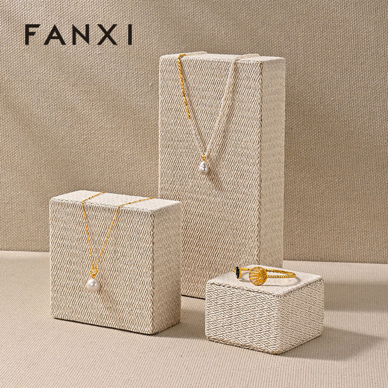 J001 Linen Original Rectangular column Necklace Ring Earrings Jewelry Display Stand Tray