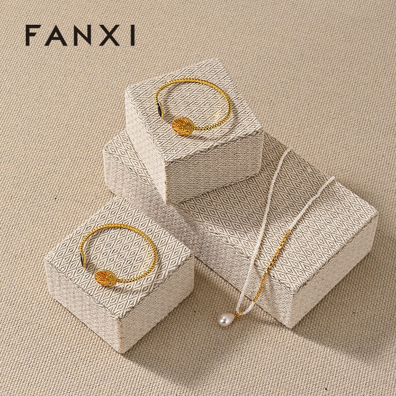 J001 Linen Original Rectangular column Necklace Ring Earrings Jewelry Display Stand Tray
