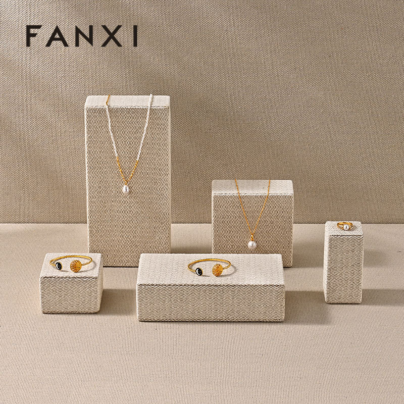 J001 Linen Original Rectangular column Necklace Ring Earrings Jewelry Display Stand Tray