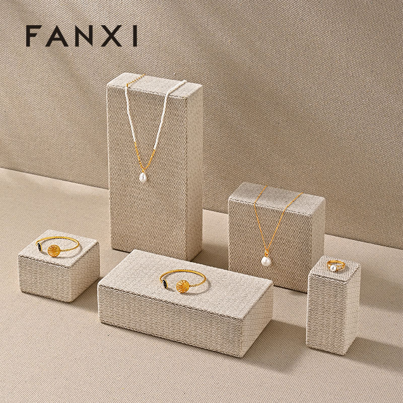 J001 Linen Original Rectangular column Necklace Ring Earrings Jewelry Display Stand Tray