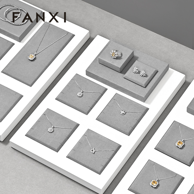 TT416 Luxury Gray Microfiber Customized Showcase Jewelry Display Set Ring Display Jewelry Display for Retail Shop