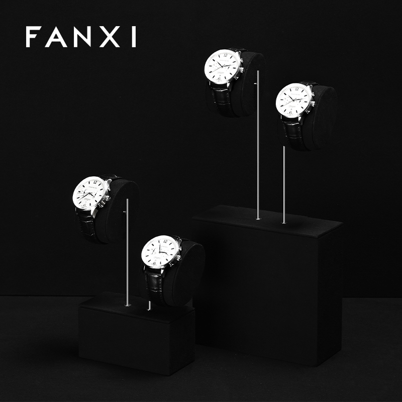 TT523 Wholesale Microfiber Watch Display Set Black Color Metal Material Watch Display Stand Luxury Watch Display Show