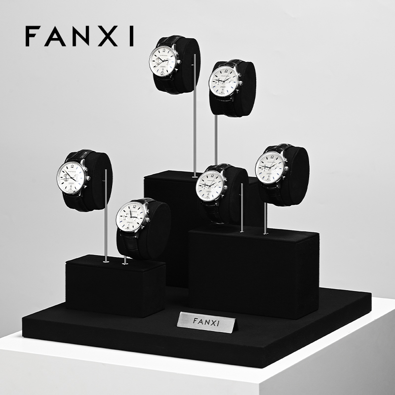 TT523 Wholesale Microfiber Watch Display Set Black Color Metal Material Watch Display Stand Luxury Watch Display Show