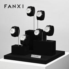 TT523 Wholesale Microfiber Watch Display Set Black Color Metal Material Watch Display Stand Luxury Watch Display Show