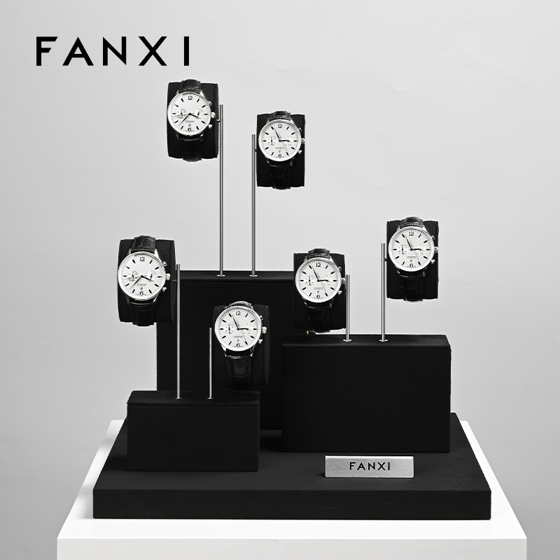 TT523 Wholesale Microfiber Watch Display Set Black Color Metal Material Watch Display Stand Luxury Watch Display Show